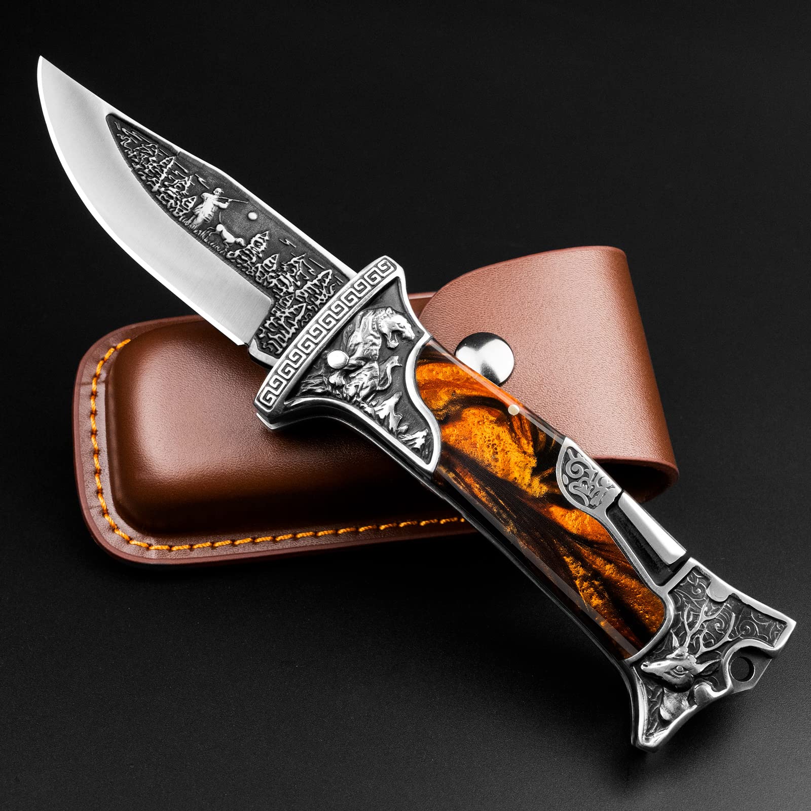Photo 1 of NedFoss TIGER ROAR Pocket Knife for Men, 3.5 inch Engraved Unique Folding Knife, Pocket Knives with Holster, Cool Knives, Personalized Gifts for Men