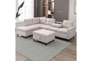FRETSAE Modular Sectional Sofa with Ottoman, Fabric L-Shaped Couch with Chaise & Cup Holders, Living Room Furniture Sets Modular Sectional Couch, 6 Seat Corner Couch Sofa for Living Room, Beige