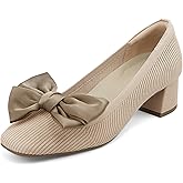 JENN ARDOR Comfortable Low Chunky Dress Shoes for Women Bow Knit Closed Square Toe Heels Casual Slip on Block Pumps for Wedding Party Business Work Office