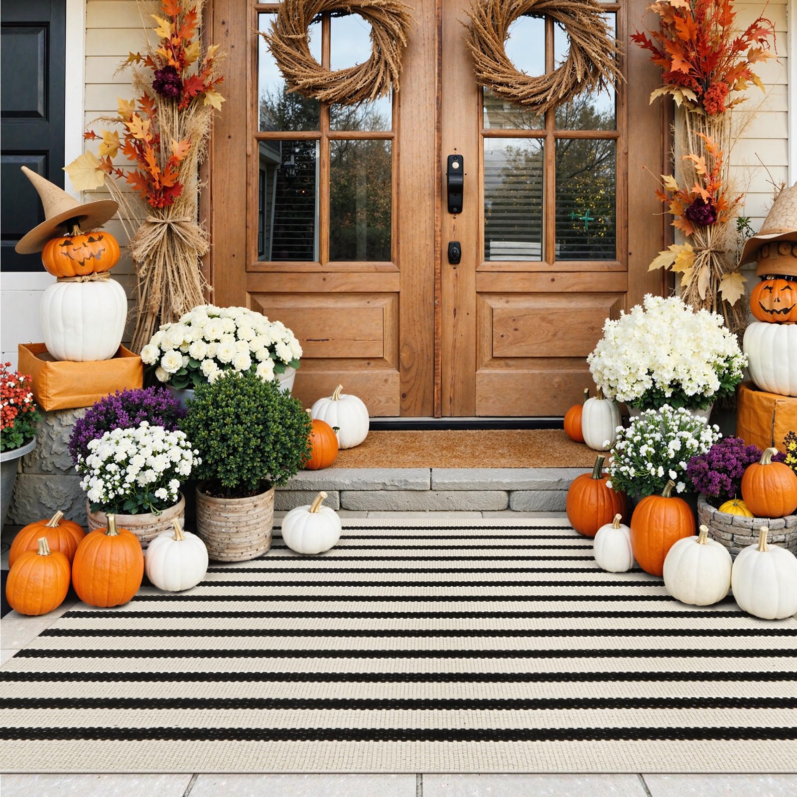 Photo 1 of Collive Black and White Rug 3x5, Washable Fall Outdoor Rug for Porch Cotton Woven Farmhouse Indoor Outdoor Rugs,Layered Welcome Door Mat,Floor Carpet for Front Door Halloween Decor Kitchen
