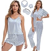 EPLAZA 4 Pcs Silk Pajamas for Women Satin Pajama Set Sexy Ruffled Cami Shorts and Button Down Short Sleeve Pjs Sets Sleepwear