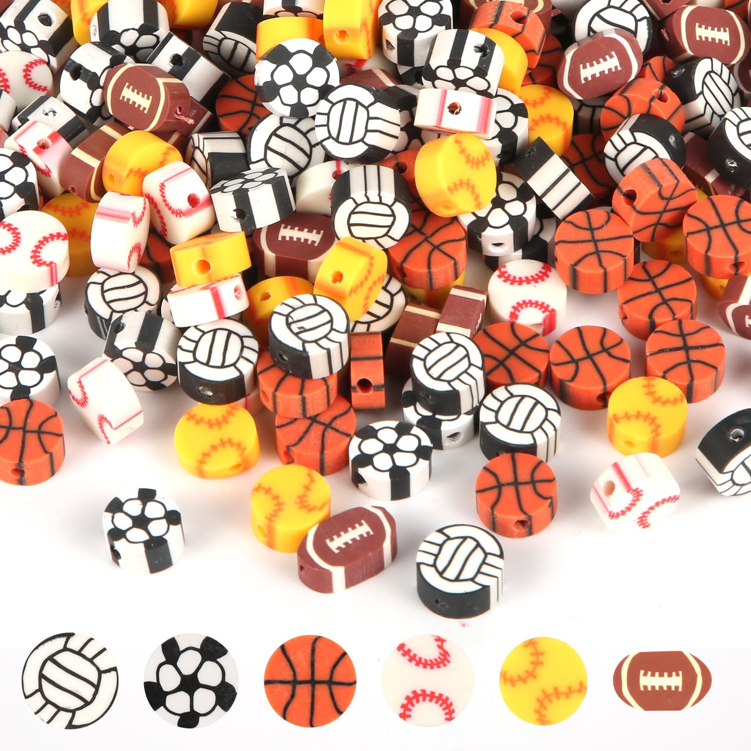 300pcs Sports Ball Beads - Colorful Baseball Basketball Soccer Volleyball Softball Football Clay Beads for Bracelets Jewelry Making DIY Craft