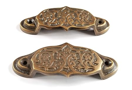 2 Brass Ornate Apothecary Cabinet Drawer Bin Cup Pull Handles 3 9