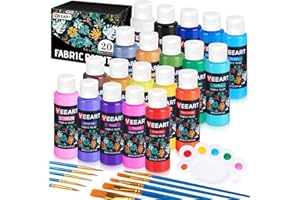 Fabric Paint, Yeeart 20 Colors Permanent Soft Fabric Paint Set for Clothes in Bottles (60ml/2oz) with 10 Brushes, Palette, No