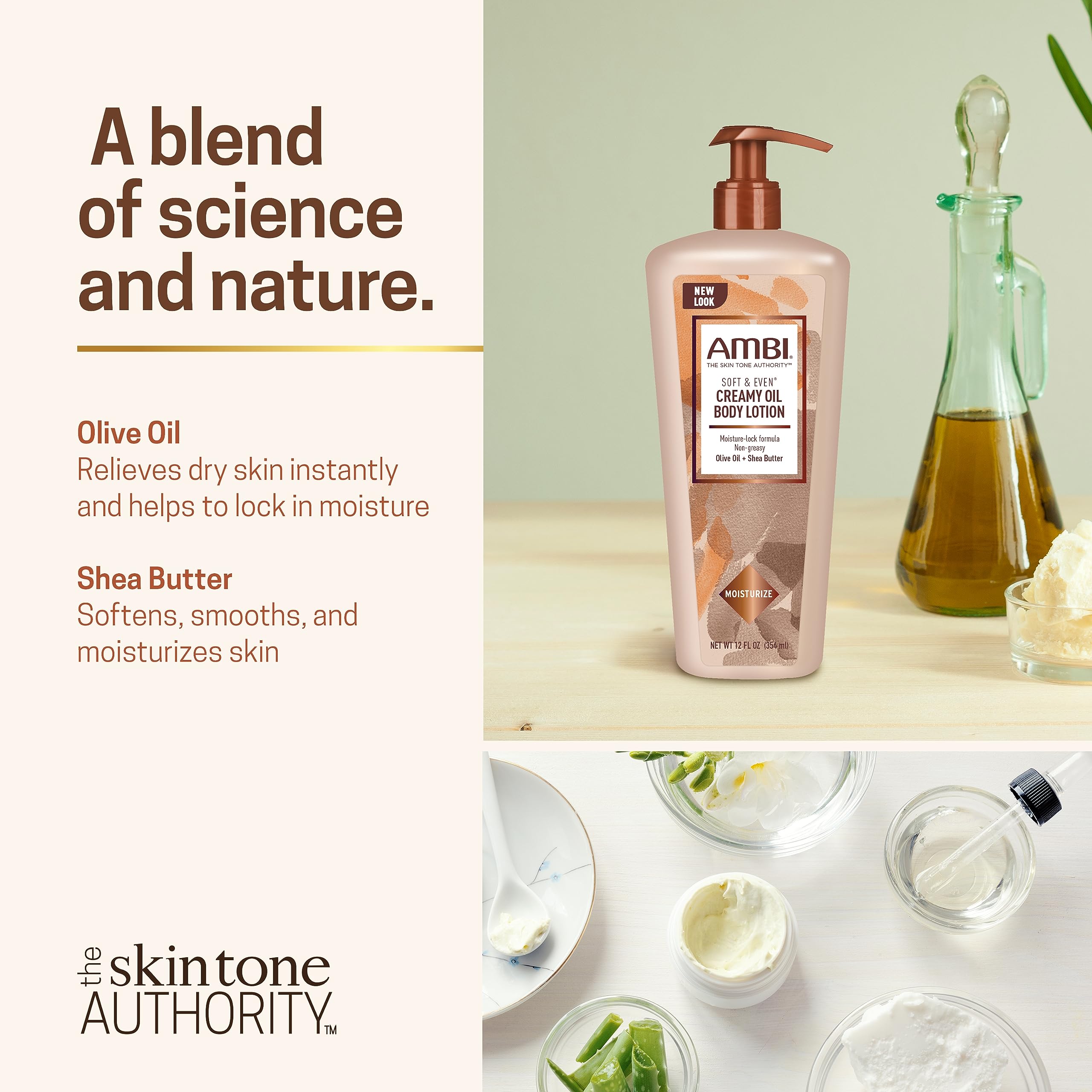 Ambi Soft & Even Creamy Oil Body Lotion | Dry Skin Relief | Fast-Absorbing | No Greasy After Feel | 12 Ounce