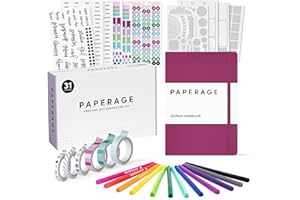 PAPERAGE Bullet Journal Kit, Dotted Journaling Set & Stationary Kit, Hardcover Dotted Journal Notebook (Raspberry), 12 fineliner Pens, 8 Sticker & 3 Stencil Sheets, 6 Washi Tapes