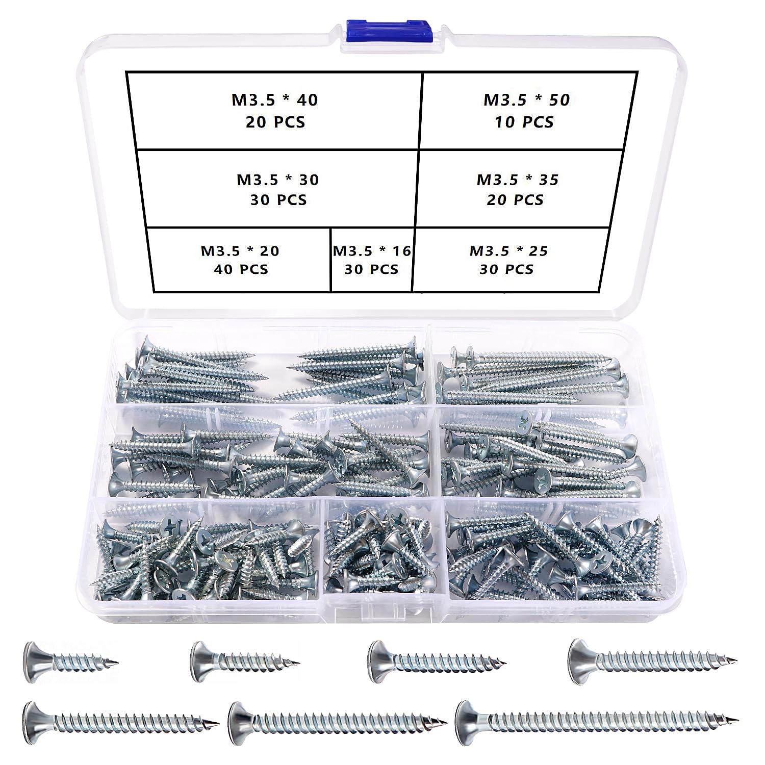 VooGenzek 180 PCS M3.5 Coarse Thread Point Drywall Screws Kit, Phillips Countersunk Drywall Screws, Plasterboard Wood Screw, for Plasterboard, Drywall and Wood, Silver