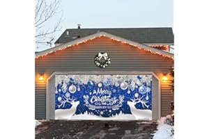 Trgowaul Christmas Garage Door Decorations, Blue Snowflake Holiday Large Christmas Garage Door Cover, Xmas Garage Door Banner, Happy New Year Outdoor Garage Party Supply Photography Background 7x16ft