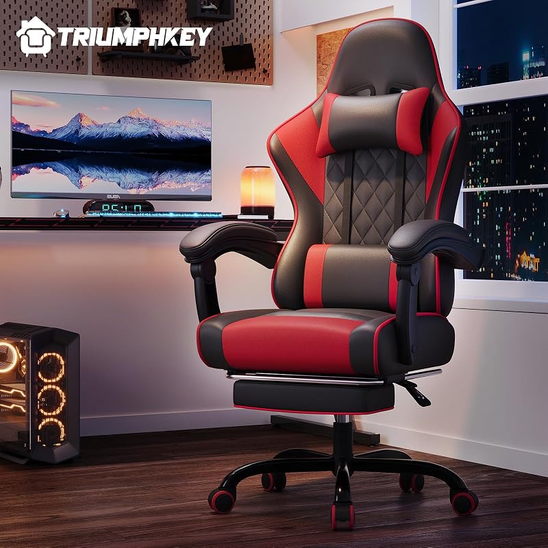 Sedia da Gaming Massaggiante,Sedia Gamer con Poggiapiedi Telescopico,Regolabile 90-150°,Poltrona da Gaming con Poggiatesta e Cuscino Lombare, Ufficio,Portata 150kg(Rosso)