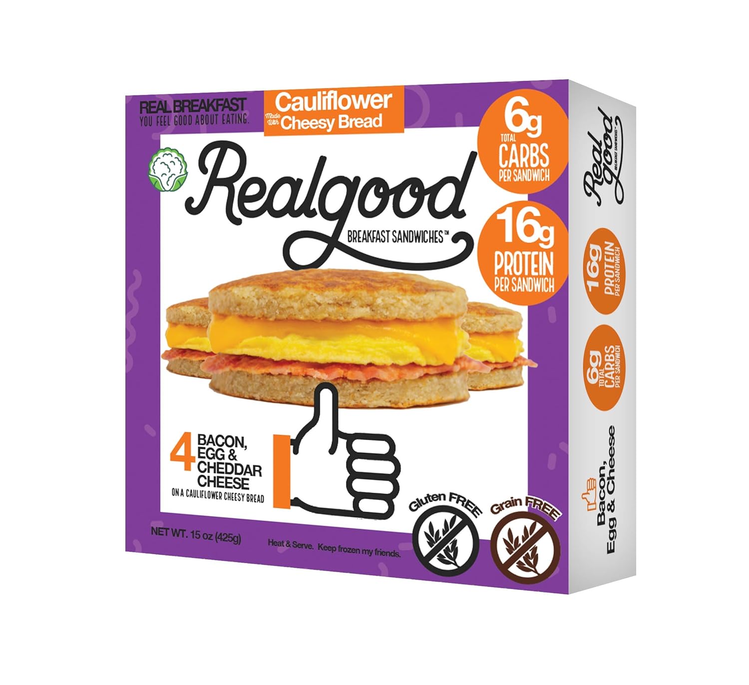 Real Good Foods, Keto-friendly, Low Carb - High Protein - Gluten Free - Bacon, Egg & Cheese Breakfast Sandwiches (20 per case)