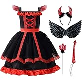 ReliBeauty Kids Devil Costume Girls Halloween Dress Up with Accessories,Black and Red