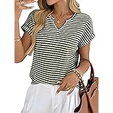 EVALESS Womens Dressy Casual Cap Short Sleeve Tops Trendy Summer V Neck Loose Striped Casual Basic T Shirts Tee Blouses