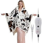 Heated Electric Blanket Shawl Cow Print Wearable Heated Blanket with Hood & Pocket, Winter Gifts for Adults, Soft Heating Blanket Throw with 4 Heat Levels & Auto Shut-Off, Cow Print, 50" x 64"