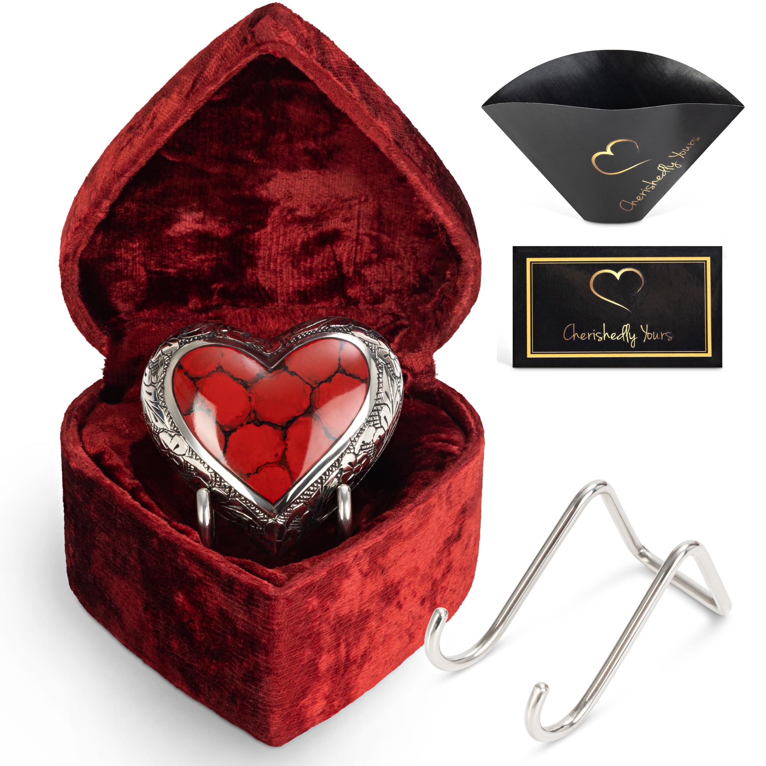 Small Heart Shaped Keepsake Cremation Urns for Human Ashes - Mini Deep Red : Crimson Brass Urn with Velvet Heart Box and Stand - Holds Small Portion of Male or Female Human or Pet Ashes
