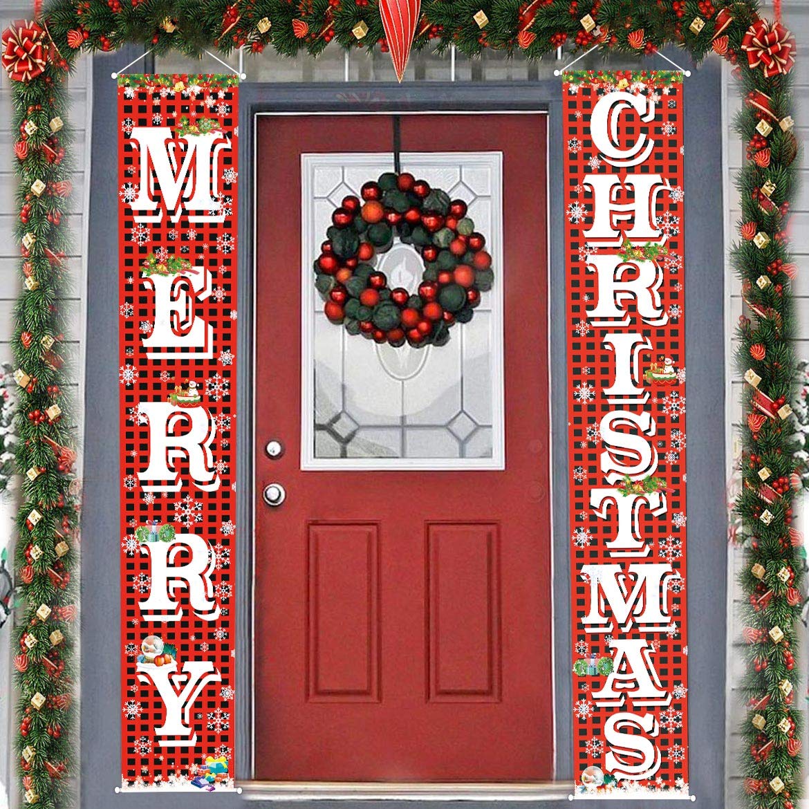 FECEDY Merry Christmas Hanging Banner Porch Sign with Pattern Christmas Tree Presents Snow Banner for Home Yard Indoor Outdoor Wall Door Christmas Party Decorations 72