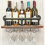 WAKI HOME Industrial Wall Mounted Wine Rack, Wine Bottle Stemware Glass Rack, Floating Shelf Pipe Hanging Shelving with Glass