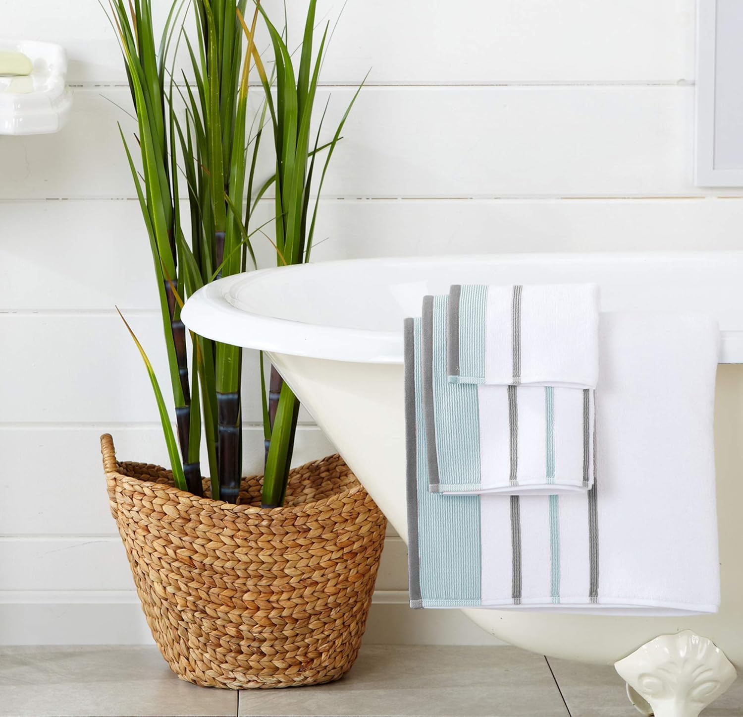 Great Bay Home 100% Turkish Cotton Striped Bath Towels, Luxury 6 Piece Set - 2 Bath Towels, 2 Hand Towels and 2 Washcloths. Highly Absorbent Quick-Dry Towels (6 Piece Set, Eucalyptus/Grey): Home & Kitchen