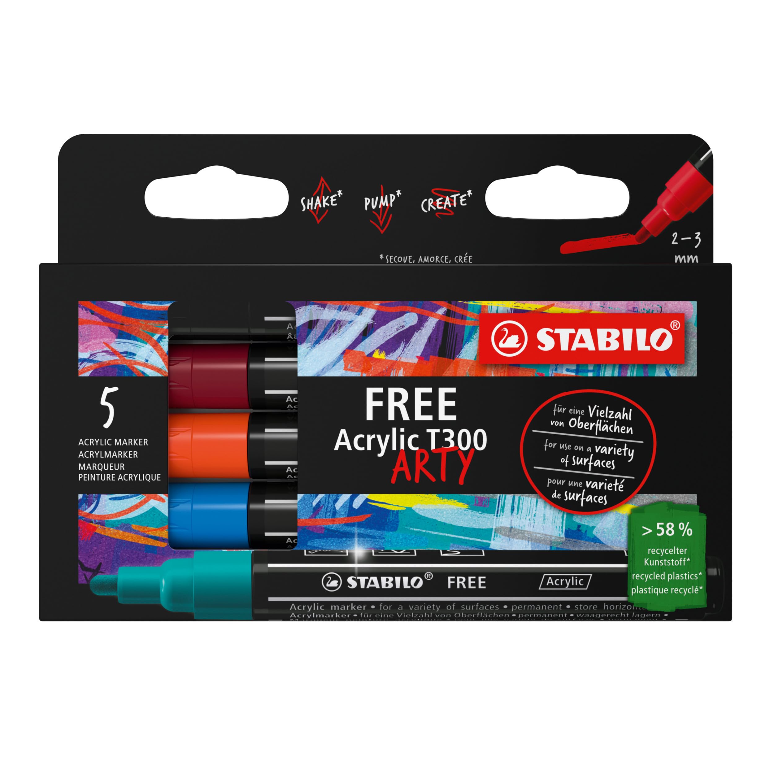 STABILO FREE - Acrylic Marker - ARTY - T300 Round Tip 2-3mm - Pack of 5 - URBAN - Assorted Colours