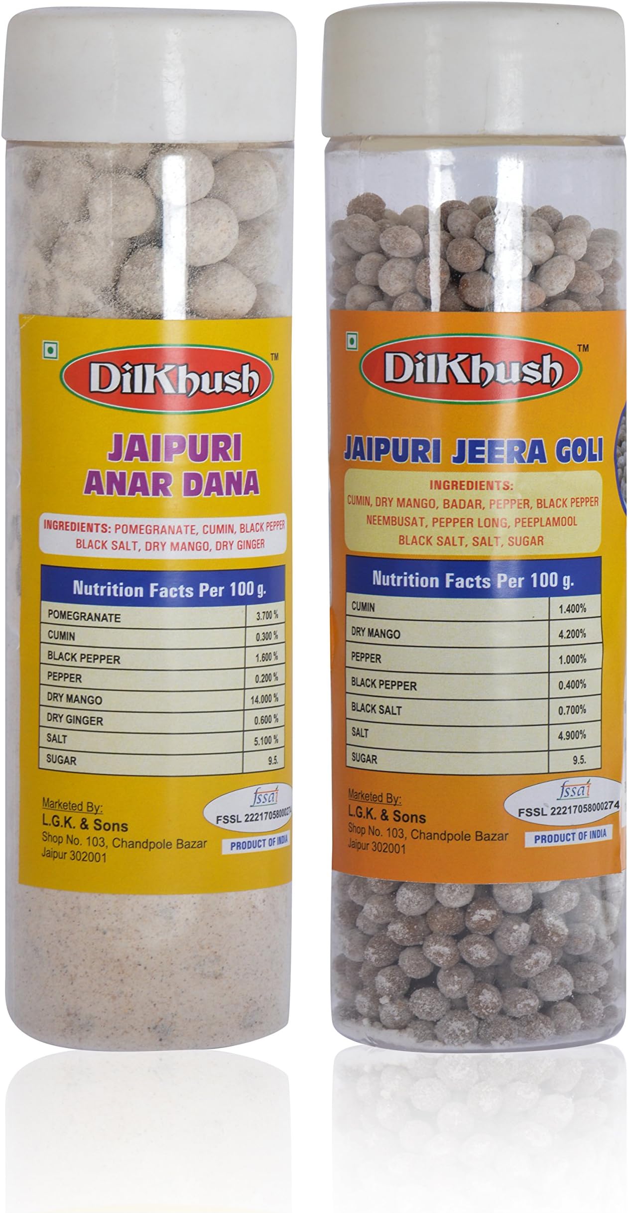 Jaipuri Anardana 250 gm (8.81 OZ) and Jaipuri Jeera Goli 200 gm (7.05 OZ) (Combo of 2) by Dilkhush