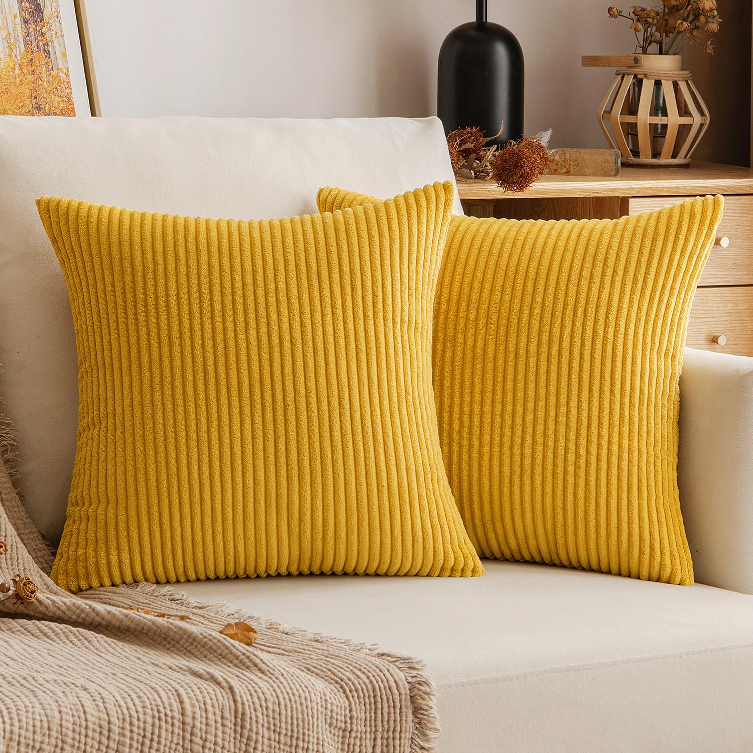 EMEMA Cushion Covers Corduroy Square Throw Pillow Covers Striped Soft Sham Home for Sofa Couch Bedroom Decorative Pillowcases 16x16 Inch 40x40cm Set of 2 Turmeric