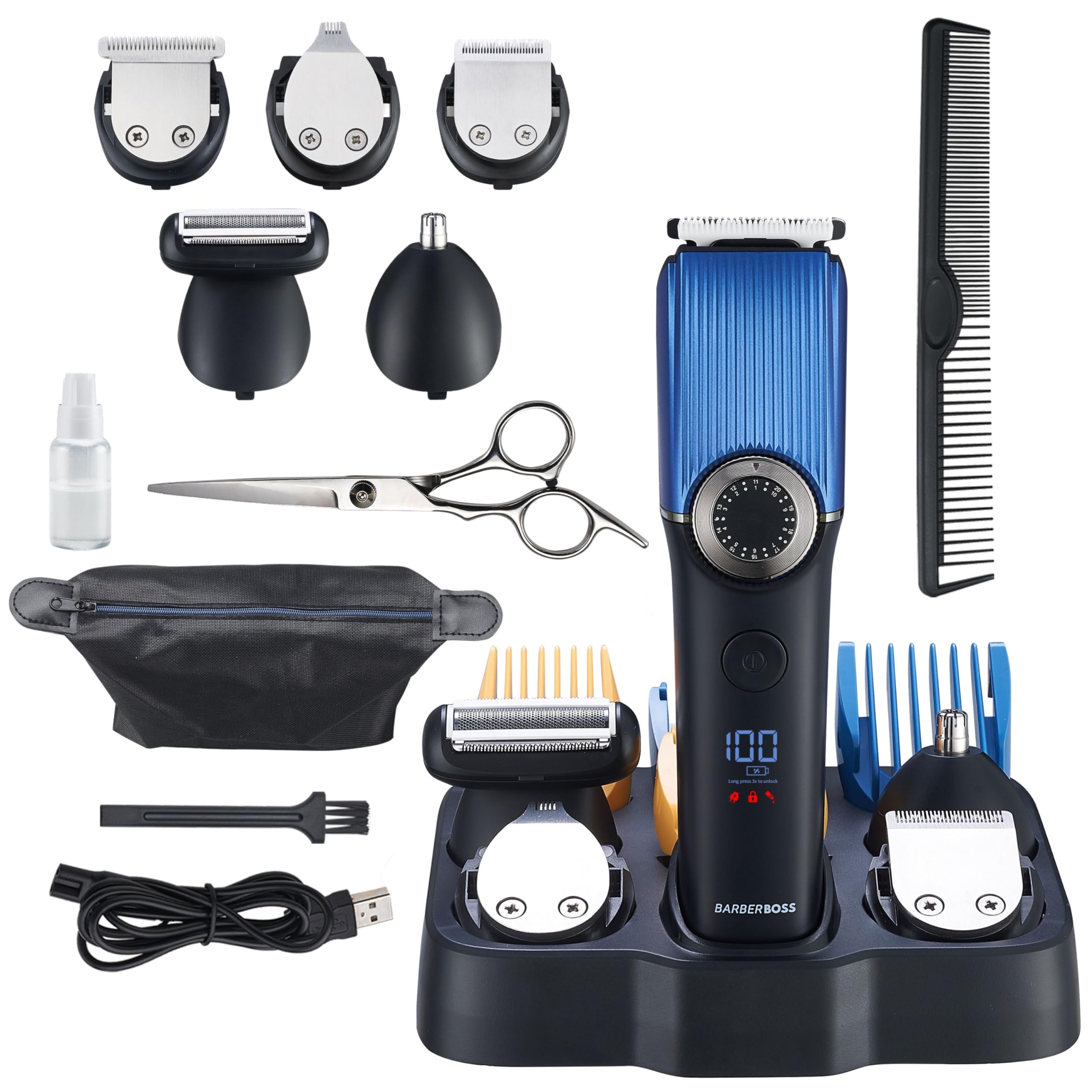 BarberBoss Beard Trimmer for Men, Cordless Hair Clippers & 5-in-1 Grooming Kit for Beard, Nose, Ear & Hair | Waterproof & Rechargeable Trimmer
