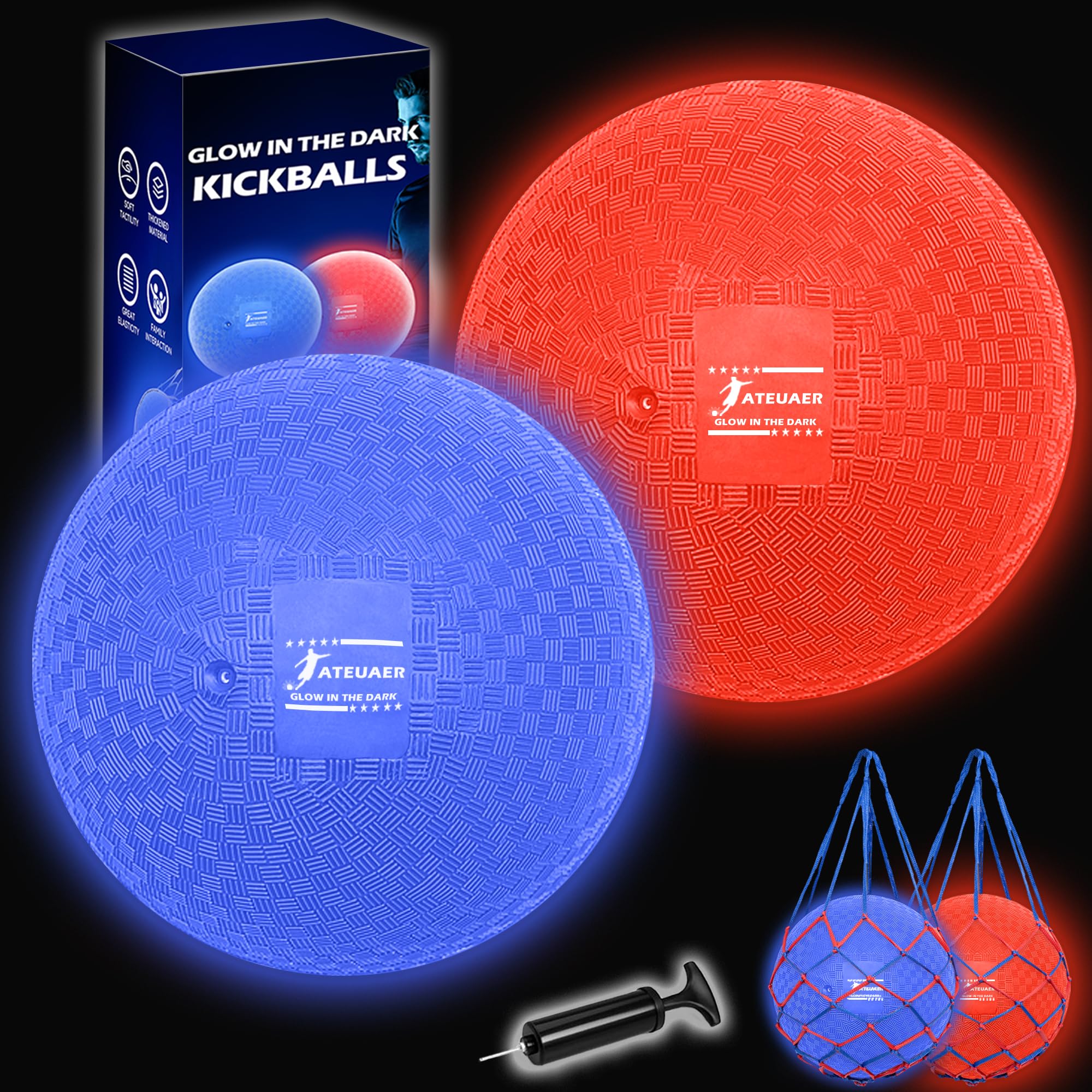 Photo 1 of 8.5 Inch Kickball Set, Dodgeballs 2 Pack, Playground Balls Gift for Kids & Adults, Bouncy Balls Includes Pump and Bag, Handball for Outdoor & Indoor Games, Official Size for Camps (Glow Red&Blue)