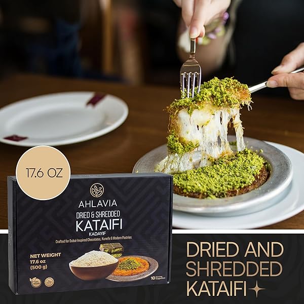 AHLAVIA KATAIFI SHREDDED FILLO DOUGH – PREMIUM DRIED KADAYIF PASTRY – FOR KUNAFA, KNAFEH, BAKLAVA, DUBAI CHOCOLATE BAR & MODERN DESSERTS 17.6 OZ – 500 G
