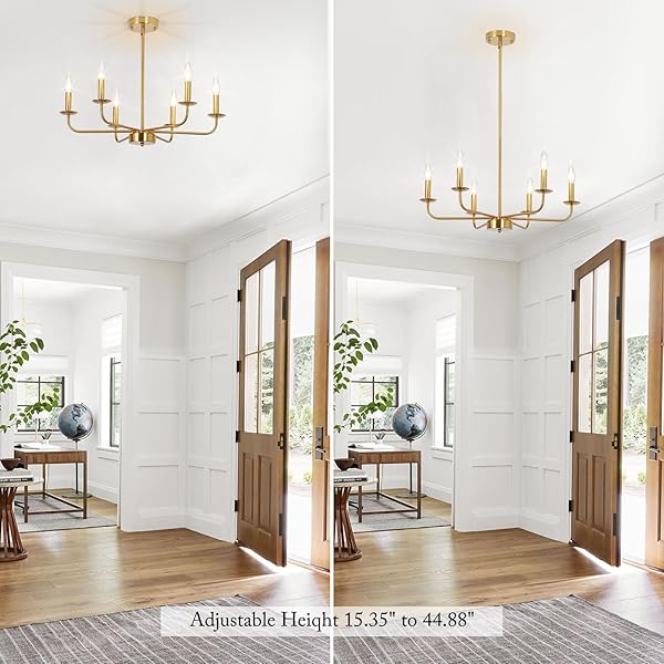 JZQWCK MODERN FARMHOUSE GOLD CHANDELIER FOR DINING ROOM, 6 LIGHTS RUSTIC CANDLE GOLD CHANDELIER LIGHT FIXTURE ADJUSTABLE HEIGHT CEILING HANGING LIGHTING FOR LIVING ROOM, KITCHEN, ENTRYWAY, FOYER
