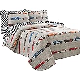 Lush Decor Race Car Kids' 5-Piece Oversized Quilt Bed Set, Reversible Bedding Set for Boys, Blue & Orange, Twin