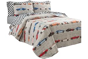 Lush Decor Race Car Kids' 5-Piece Oversized Quilt Bed Set, Reversible Bedding Set for Boys, Blue & Orange, Twin