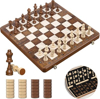 Sarr Klith 2IN1 Magnetic Chess & Checkers Set - 16" Wooden Foldable Travel Board
