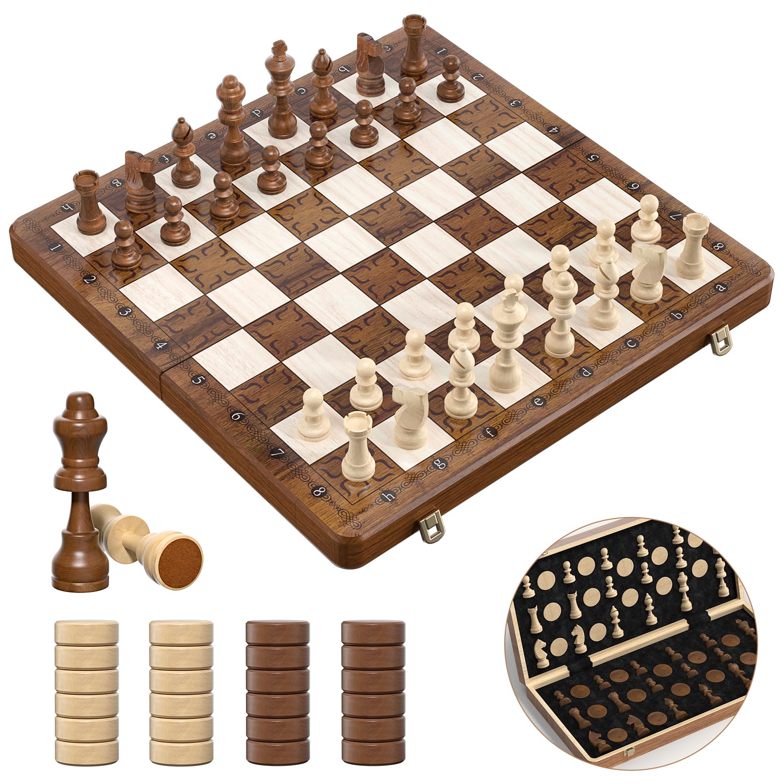 Sarr Klith Chess Set and Checkers 2IN1, 16" Wooden Magnetic Chess Board for Adults Kids, Foldable Travel Chess Set with 2 Extral Queen, Chess Gift Toys for Boys Girls