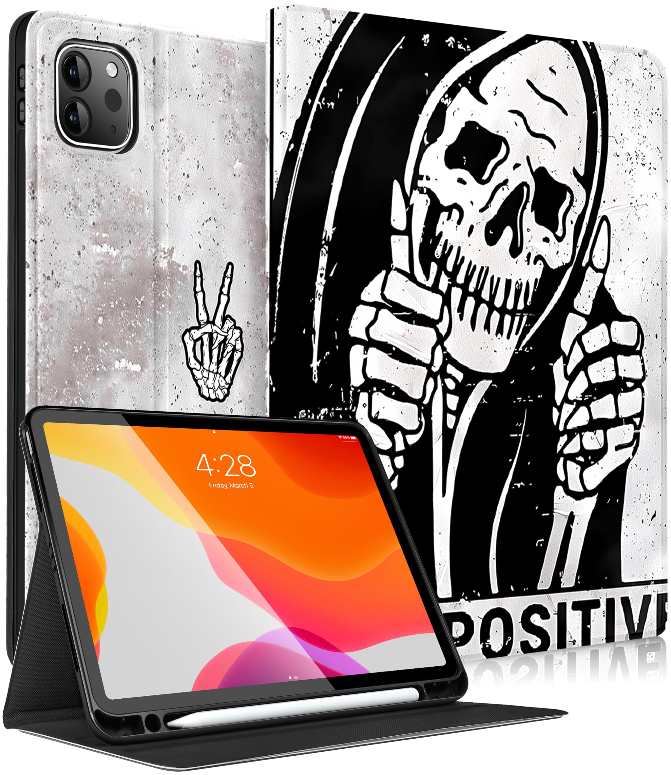 Pegmode for iPad Pro 12.9 Case Women Cute Skull Folio Cover Fun Funny Skeleton Goth Girls Boys Design With Pencil Holder Smart Cover for Apple iPad Pro 12.9 Inch Cases 2022/2021/2020/2018