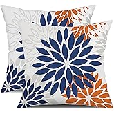 DFXSZ Blue Orange Outdoor Flower Pillow Covers 18x18 Inch Set of 2 White Colored Throw Pillows Outdoor Waterproof Decor for L
