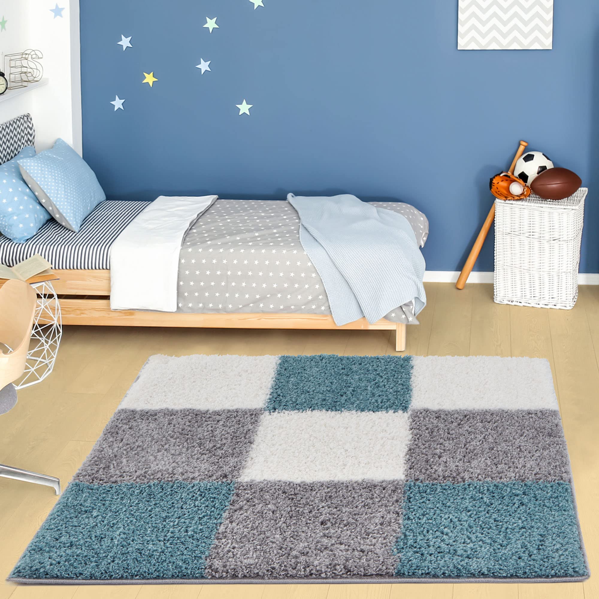 THE RUGS Area Rug – Modern Luxury Shaggy Rug, Multicolour Pattern Carpet, Ultra Soft for Bedroom, Living Room, Kids Room, (120 cm Square,Duckegg Blue)