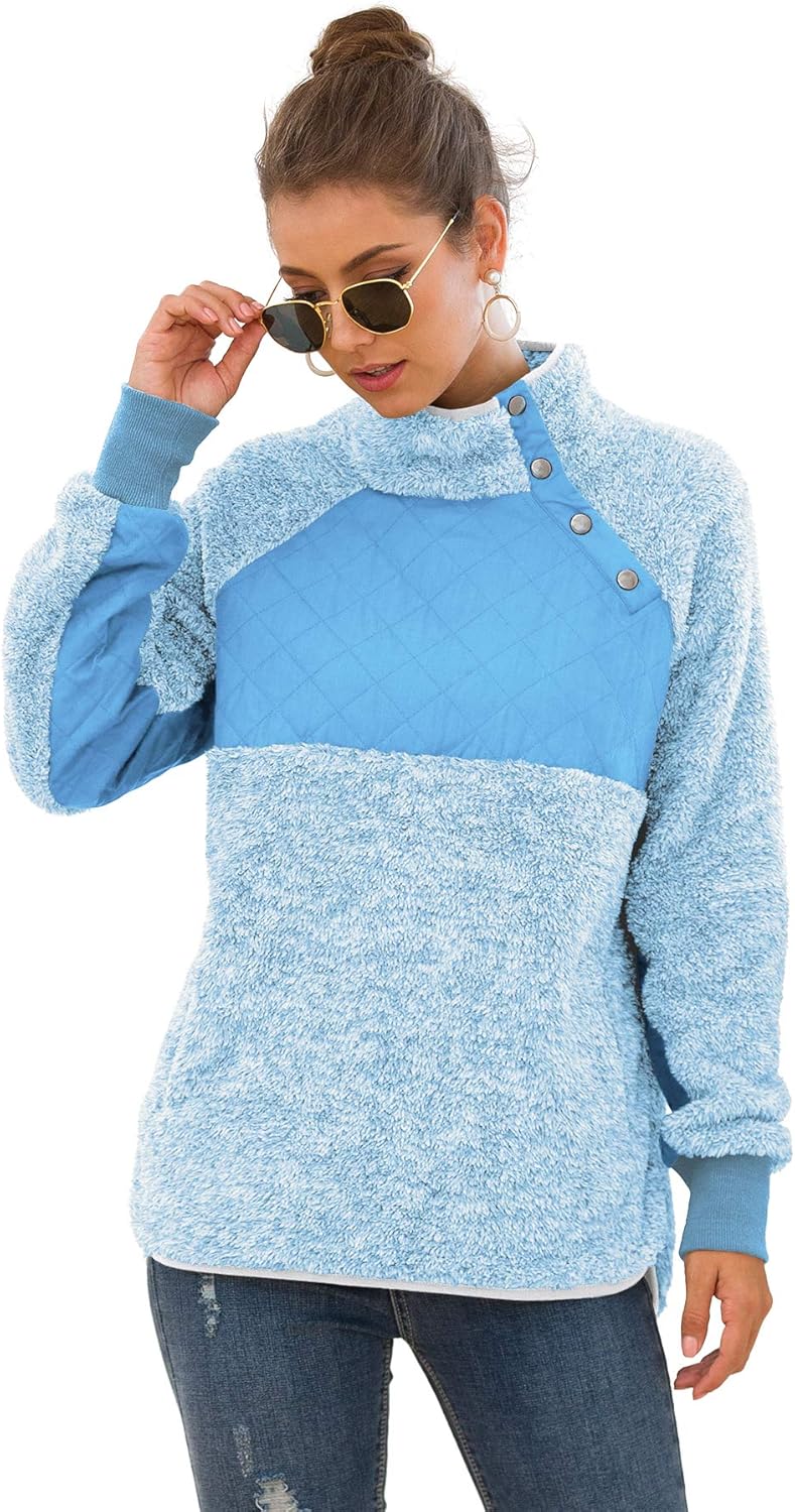 VIISHOW Women's Long Sleeves Quilt Coat Turtleneck Oblique Button Neck Fleece Pullover Coat Sweatshirts Outwear with Pocket at  Women’s Clothing store