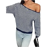 SHENHE Women's Off Shoulder Striped Sweater Casual Long Sleeve Knit Pullover Tops