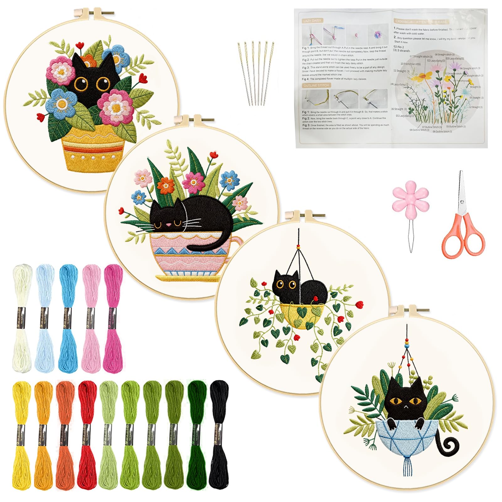 INFUNLY 4 Pack Embroidery Starter Kit Black Cat Cross Stitch Kit with Instructions DIY Beginner Plant Embroidery Set with Plastic Embroidery Hoops,Threads and Needles for Beginners Adults DIY Craft
