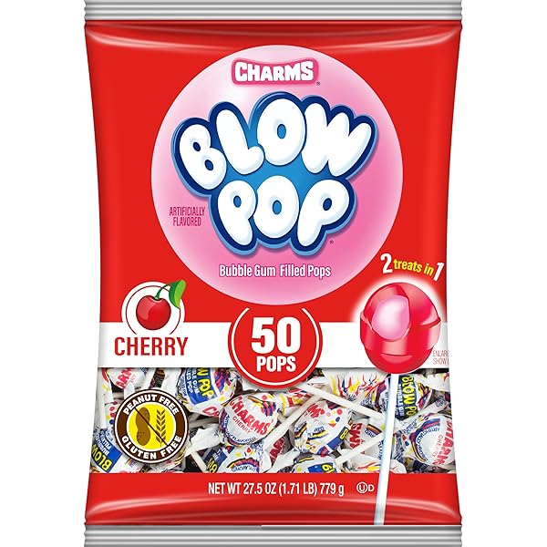 CHARMS BLOW POP SINGLE FLAVOR BAG – CHERRY FLAVORED LOLLIPOPS WITH A BUBBLE GUM CENTER – INDIVIDUALLY WRAPPED HARD CANDY – RED CANDY – PEANUT FREE, GLUTEN FREE, 50 COUNT (PACK OF 1)
