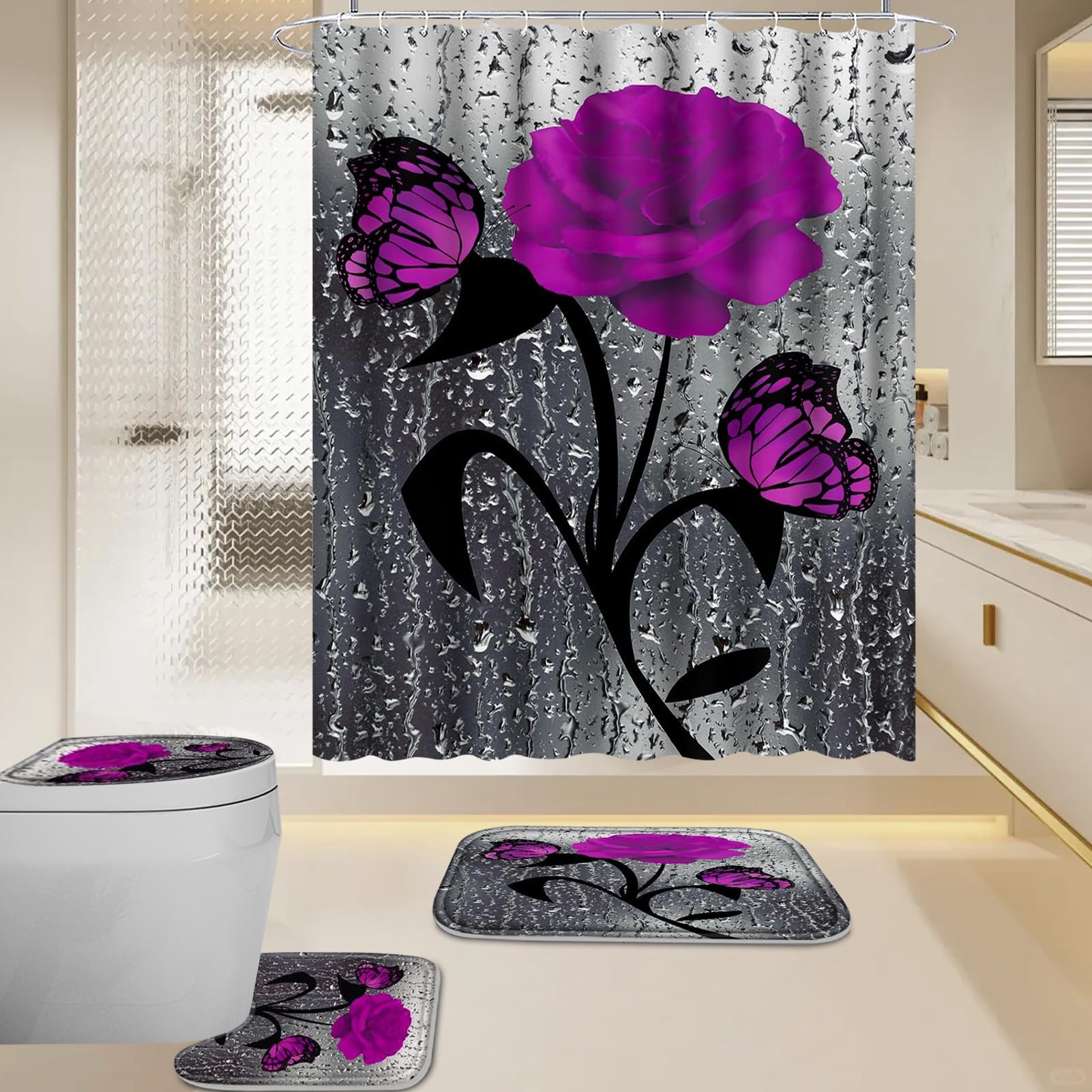 BXFUL 4 Piece Waterproof Shower Curtain Set for Bathroom-Rose-Non-Slip Bath Mat and 12 Hooks,Curtain Set with Rug,Toilet Lid Cover Bathroom Decoration (Purple)