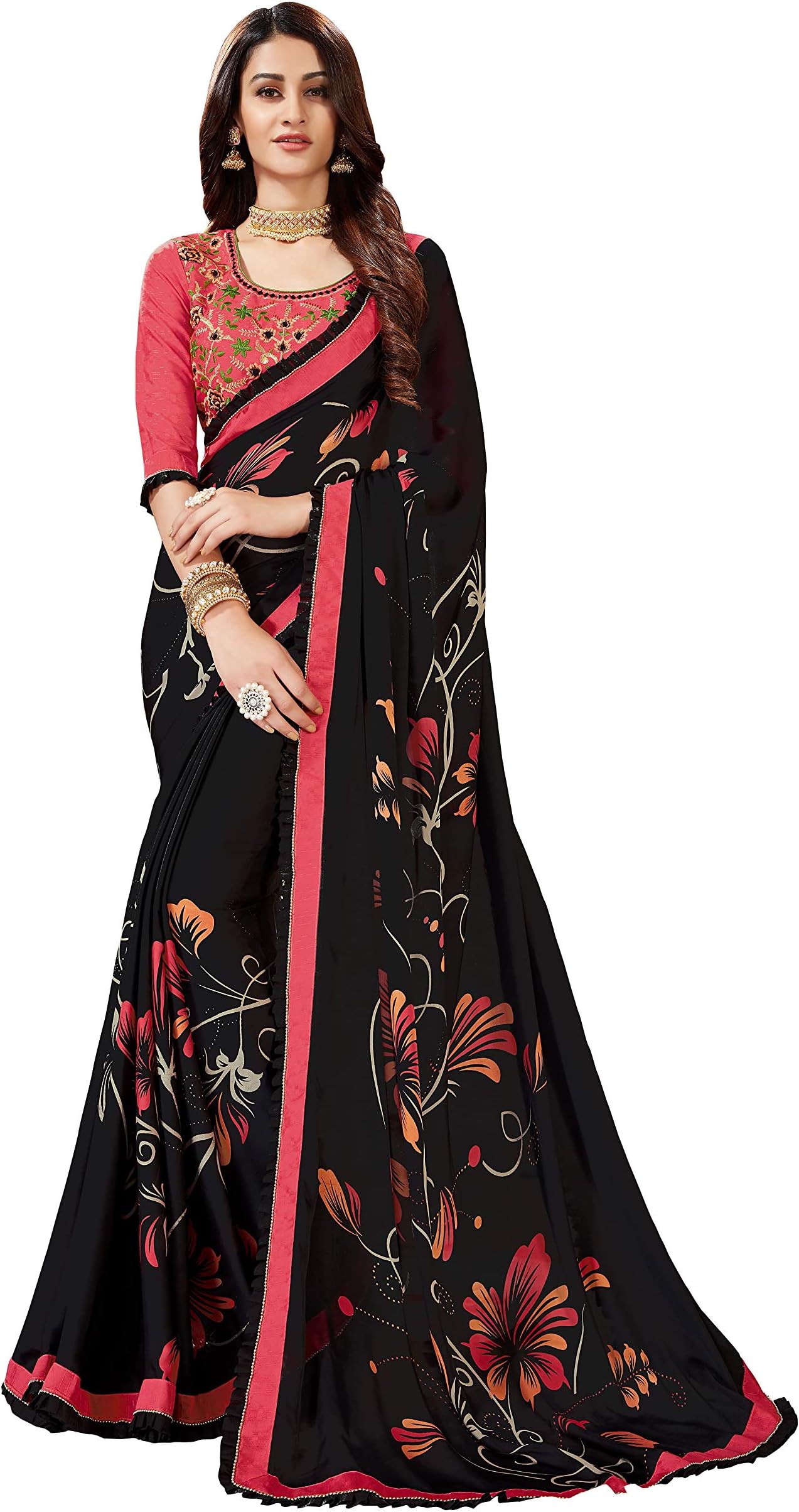 Sutram Printed Black Georgette Saree with Blouse Piece