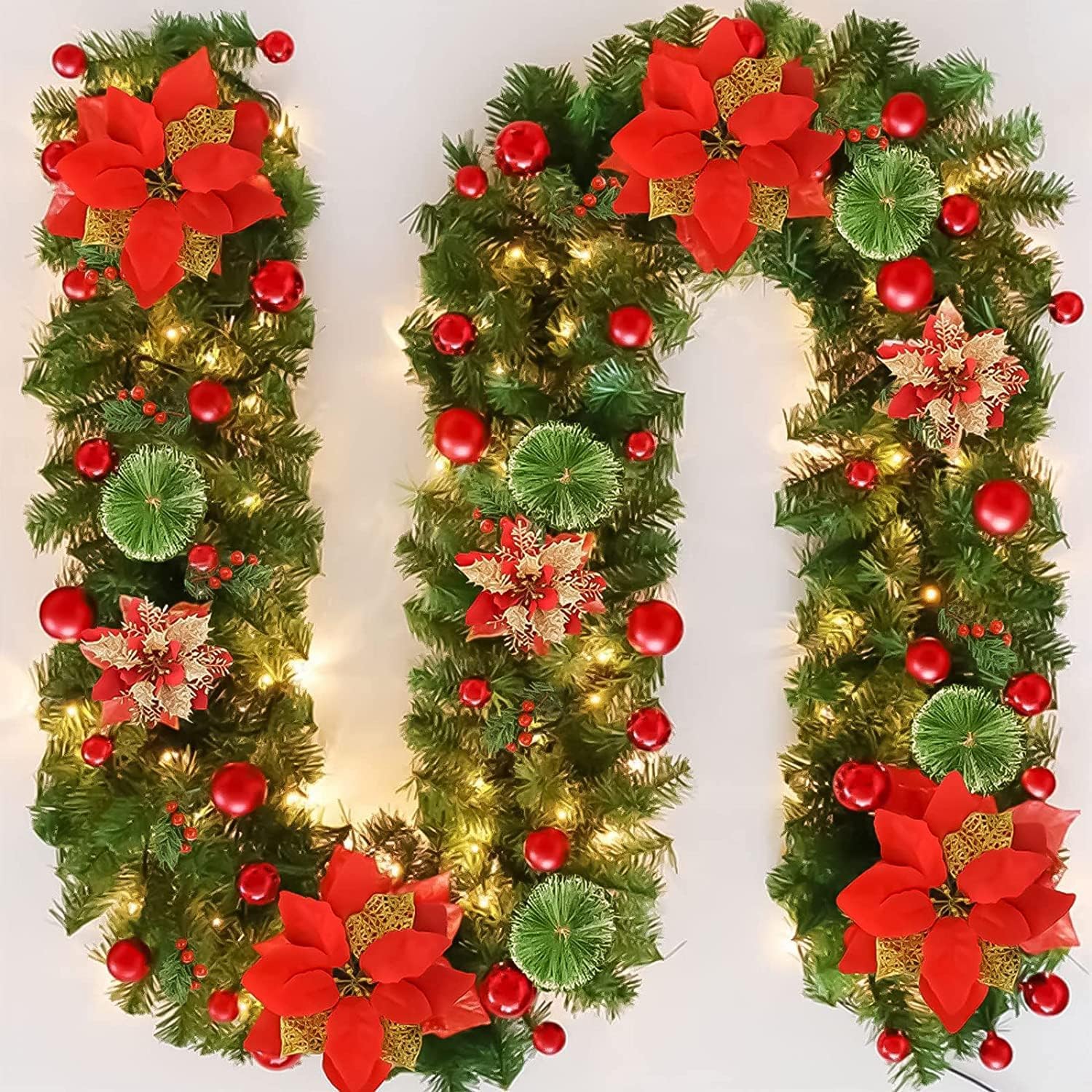 Ykgutilu Christmas Garland with Lighting, 270 cm, Warm White Garland, Artificial decor Interior decor, Fireplaces, Stairs, Wall Door Home (Red), 45cm (VR0KL0554077AWANNL)
