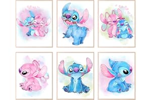 BigWig Prints Lilo and Stitch Poster - Nursery Watercolor Art Prints, Stitch Room Decor For Girls, Pastel Nursery Artwork Set, Kids Wall Art, Posters For Girls Room - Unframed Set of 6 (8x10)