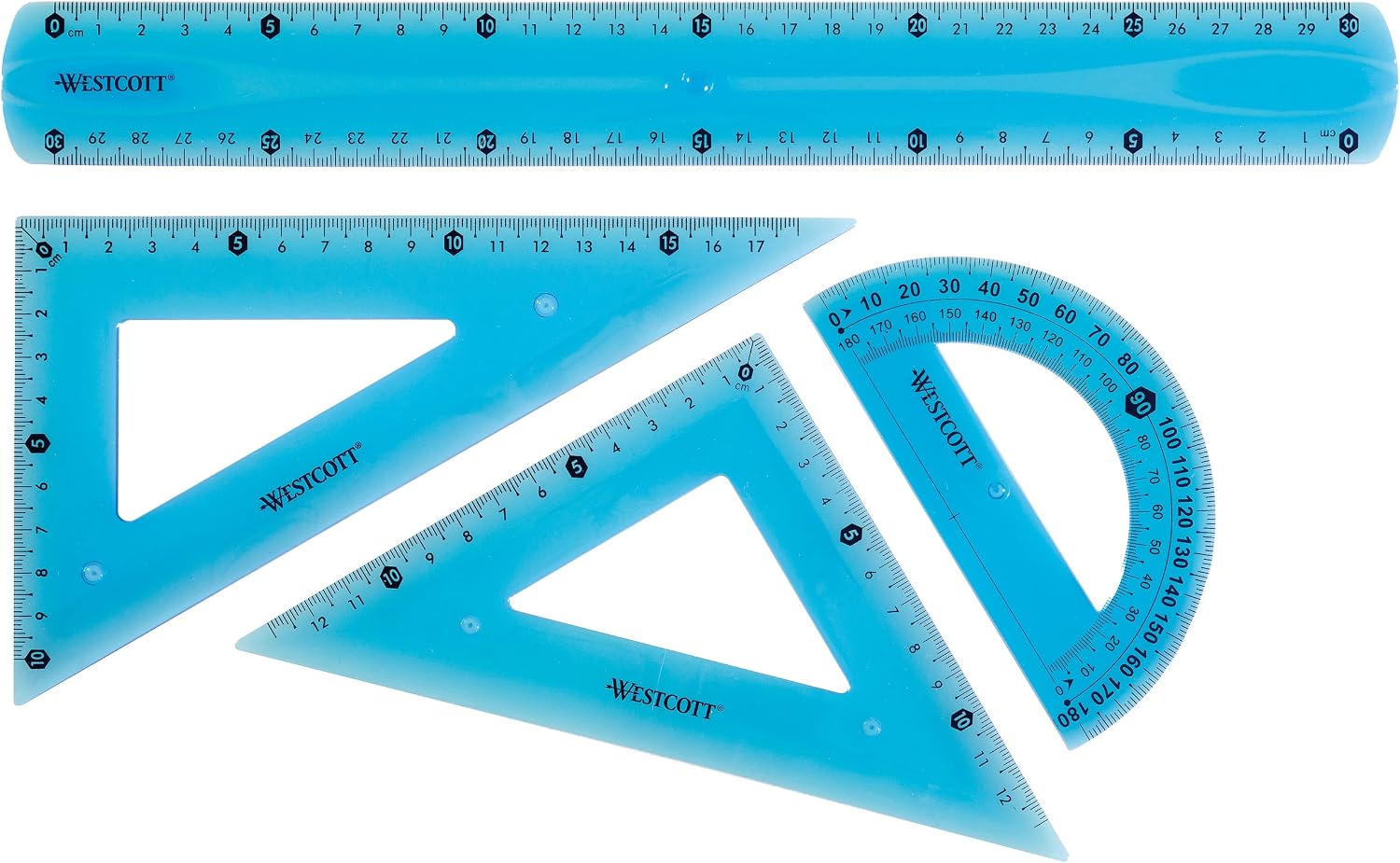 Westcott Flexible Ruler Set of 4 - 30 cm, 60 ° set square/18 cm, 45 °/13 cm, 180 ° protractor/12 cm - Plastic - Assorted Colors - Image 5