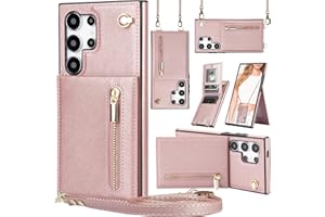 Ephoou for Samsung Galaxy S25 Ultra (Not S25) Zipper Wallet Case with Card Holder, Crossbody Lanyard Purse Cover [Removable Shoulder Strap] with Kickstand for Samsung Galaxy S25 Ultra Zip-Rose Gold