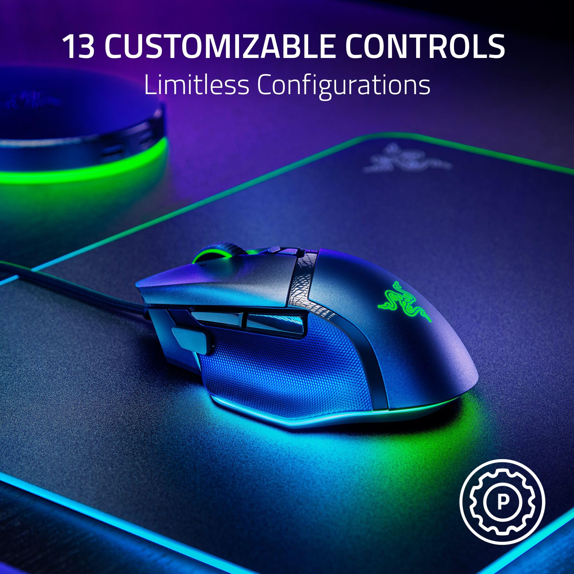 Razer Basilisk V3 35K Wired Ergonomic Gaming Mouse : HyperScroll Tilt Wheel - 35K DPI Optical Sensor Gen 2-13 Customizable Controls - Chroma RGB - Optical Switches Gen 3 - Speedflex Cable