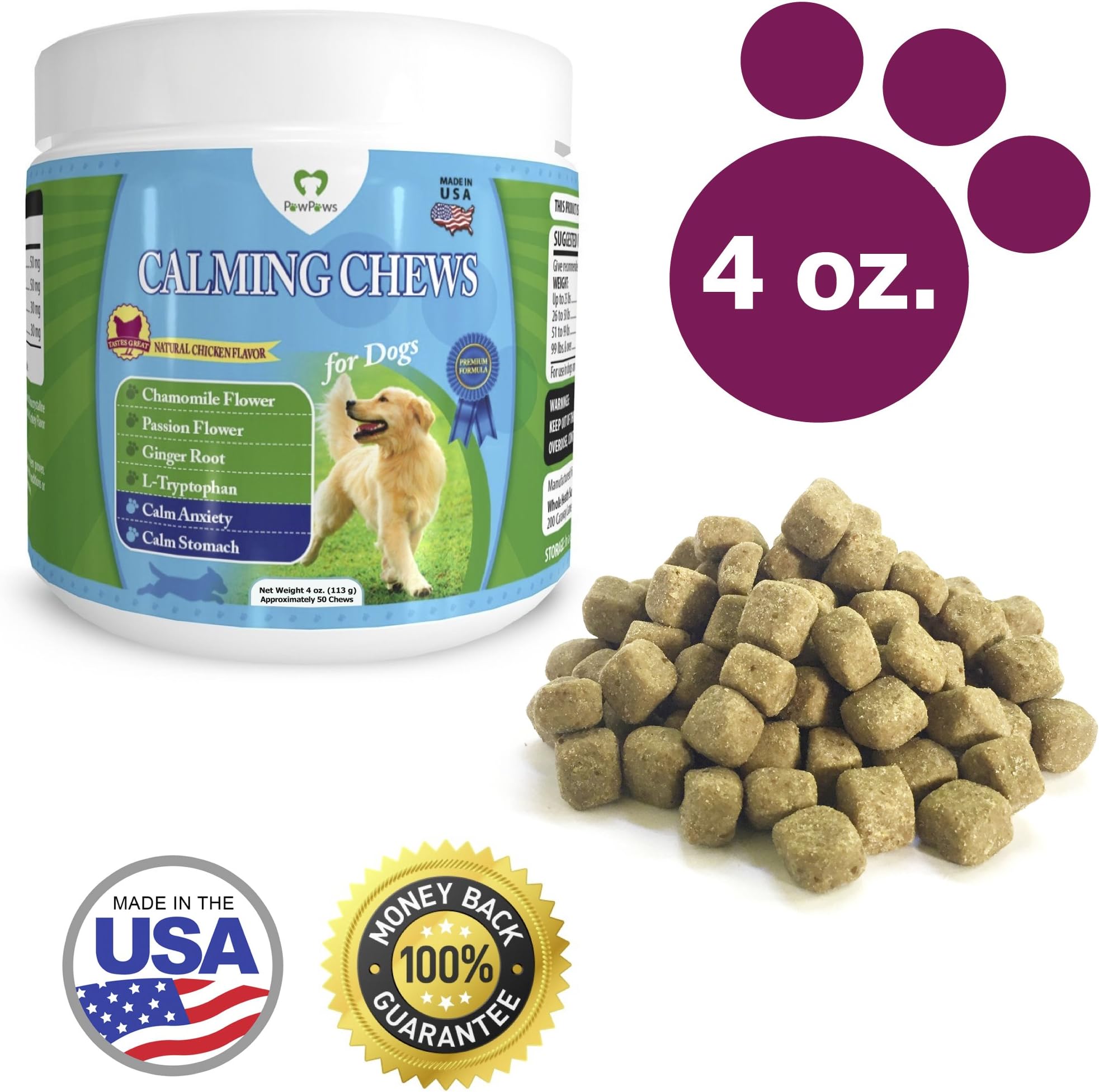 PawPaws WP-300-4OZ Anxiety Relief/Calming Soft Chews for Dogs, Natural Ingredients, Chamomile Flower, Passion Flower, Ginger Root, for All Dogs, Made in USA (4oz) Travel Size