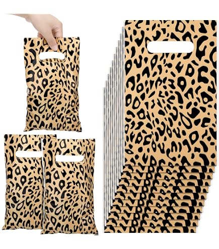 100 Pcs Leopard Print Treat Bags With Ribbon - Animal Print Cellophane Bags For Candy, Party Favors