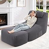 HABUTWAY Giant Bean Bag Chairs for Adults,Big Bean Bag Lounger with Removable Cover,Large BeanBag Chair with Ottoman&Storage Pocket,Memory Foam Filled Bean Bag Sofa for Living Room,Bedroom-Teddy Grey