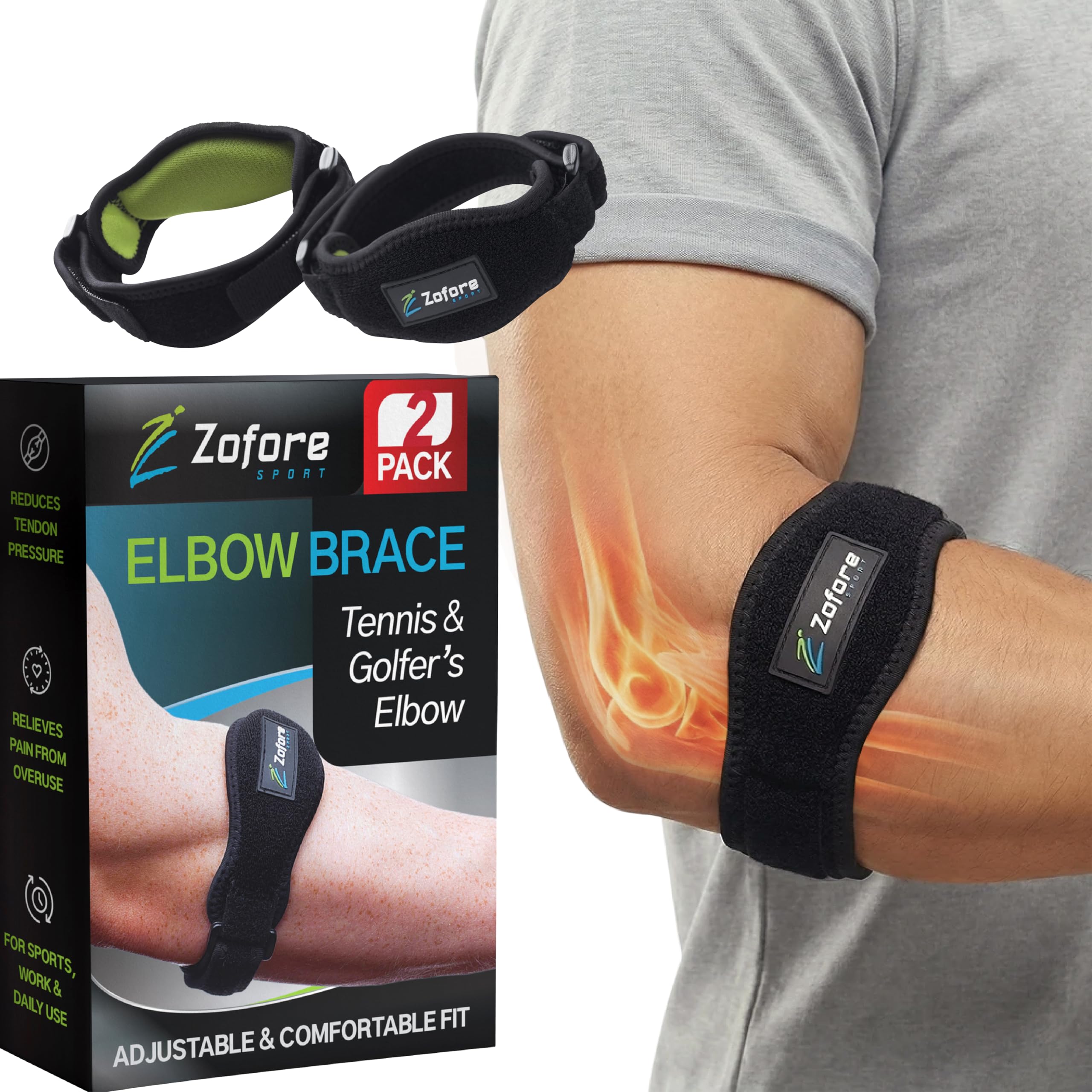 ZOFORE SPORT Tennis Elbow Brace Support With Compression Pad (2-Count) - Effective Pain Relief for Tennis & Golfers Elbow for Men & Women